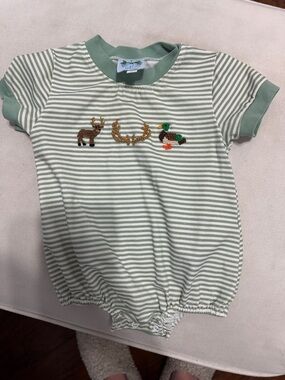 Striped Sage Green Kids One-Piece Bodysuit with Embroidered Animals